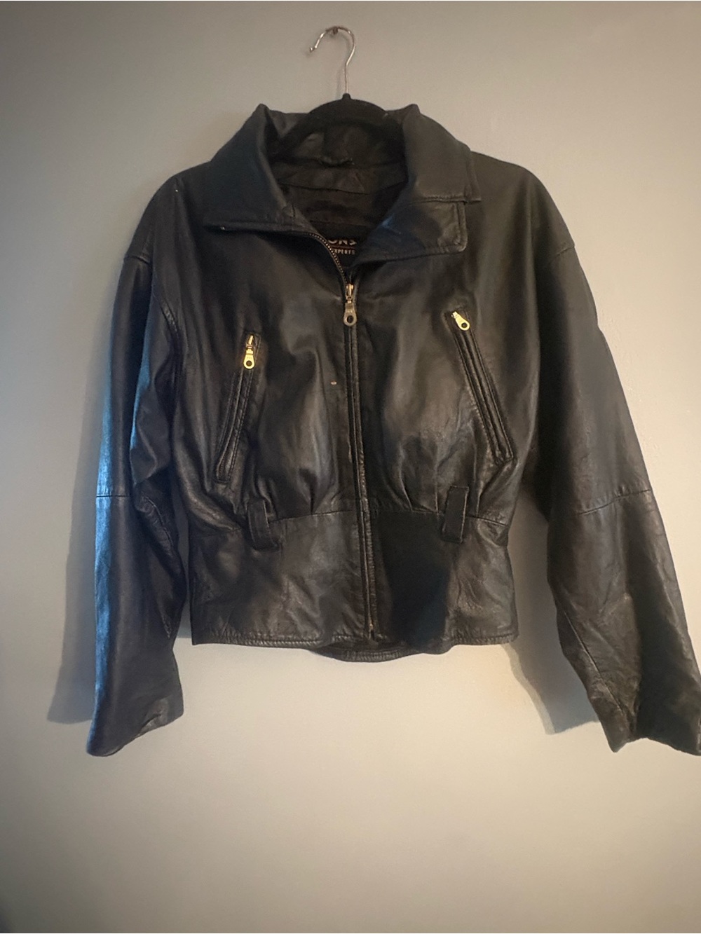 Vintage 1980s Wilson Black Leather Zip Front Jacket with Gold Zippers